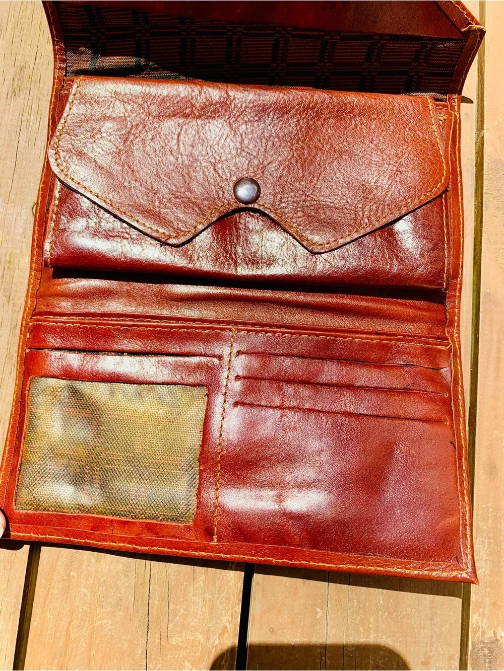 Handwoven Envelope Clutch with Brown Leather Trim in Brown and Red